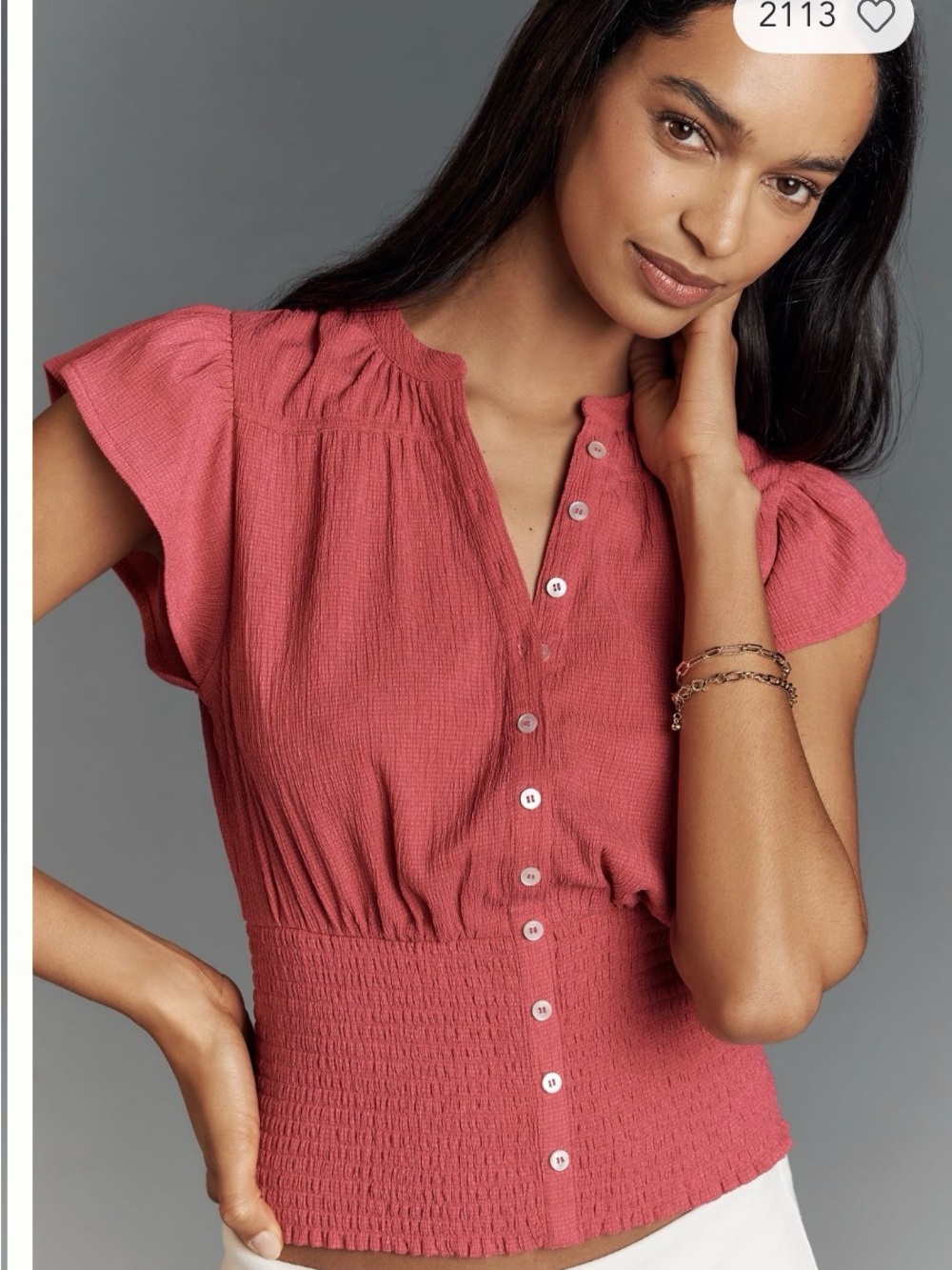 Maeve Rose-Pink Smocked Button-Front Blouse - Picture 3 of 5
